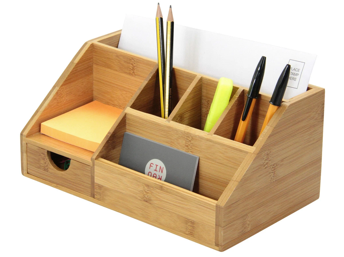 Bamboo Stationery Organiser Letter Rack Notes Pen Pencil Holder