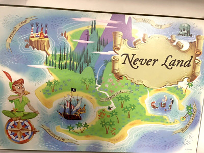 PETER PAN NEVERLAND MAP DISNEY ART SILVER BUFFALO WOOD MAP SERIES 13'' X 19''