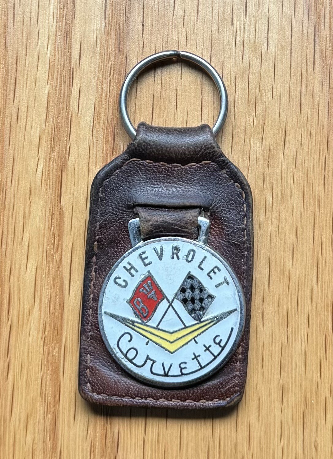 Vintage Corvette Keychain Vitreous Enamel Rare Brown Leather made in England