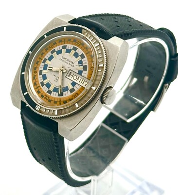 1970's Waltham Day-Date Diver Watch Ref. B-383 Rally Checker Dial 25 Jewels