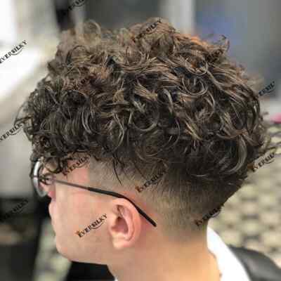 Full Skin Base 20mm Curly Human Hair Men's Toupee Durable Prosthesis System Hair