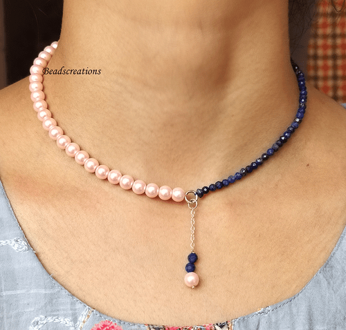 Top Qualität hellrosa Perlen und Lapislazuli Perlen Halskette glatt rosa Schmuck - Bild 1 von 4