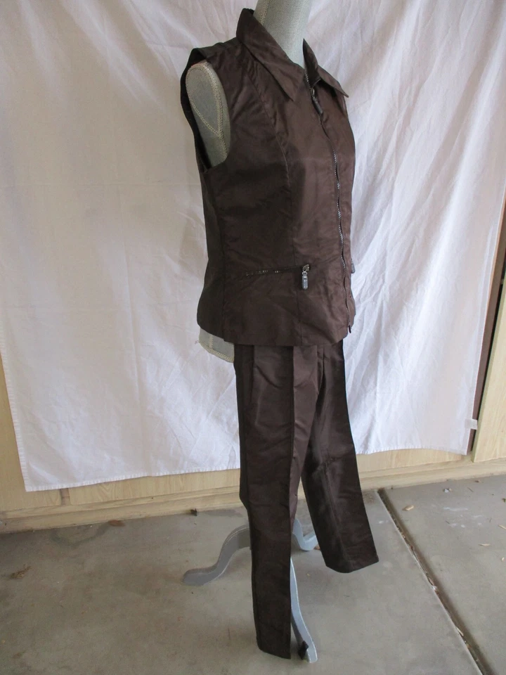 Chaleco de Colección Cache Marrón Poliéster Satinado Pantalón Traje Marrón Chaleco Talla 4 Pantalones Talla 2 Foto 3 de 4