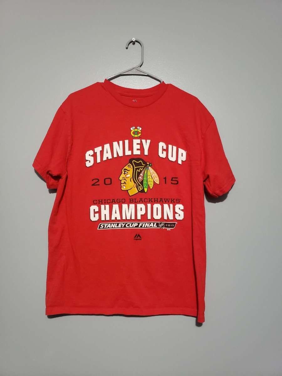 NHL Stanley Cup Finals Champion Trophy Red T-Shirt 2015 Chicago Blackhawks  Large