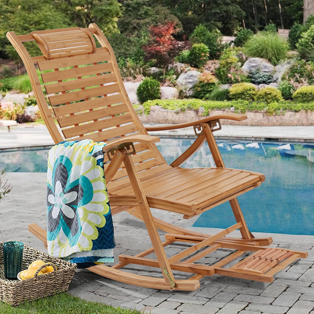 Foldable Rocking Chair Bamboo Arm Chair Indoor Outdoor Balcony