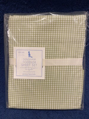 NEW Pottery Barn Kids Sage Green Gingham Toddler Crib Bed Sheet Set  100% Cotton