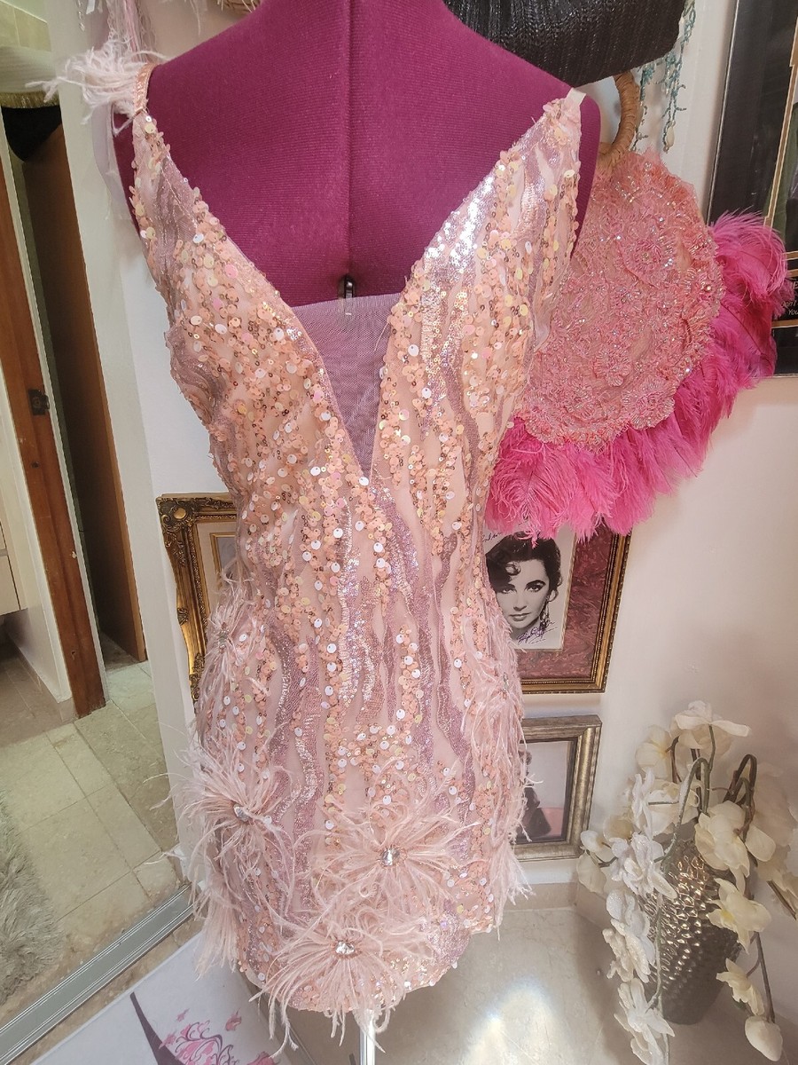 Pink Sequin And Feathers Dress- Sz Small | eBay