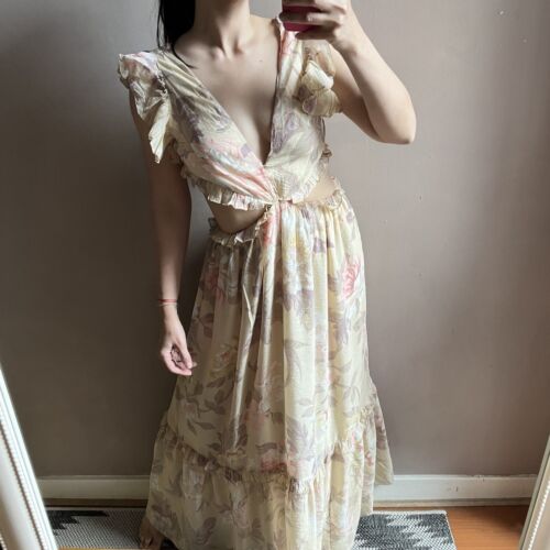 New H&M Pastel Floral Cut Out Maxi Long Frill V Neck Dress Size 10 / Eur 38 - Picture 1 of 12