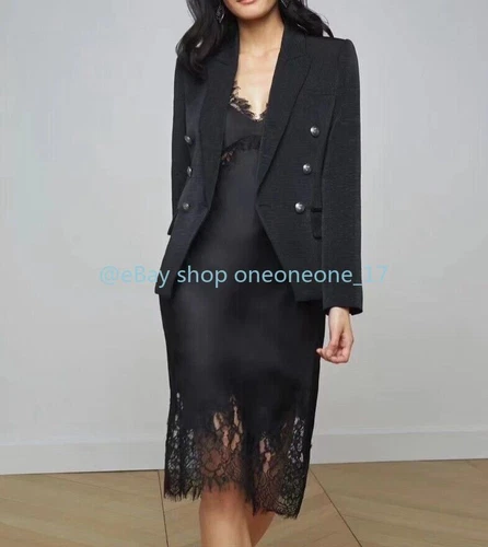 Mujeres L'AGENCE Kenzie Doble Pecho Blazer Abrigo Chaqueta Negro/Cepillado Gunmetal - Imagen 3 de 8