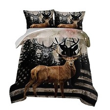 Snowy Forest Deer Comforter Set with 2 Pillowcases,Camo American Queen Grey