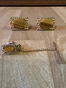 Vintage Swank Tigers Eye Cufflinks Tie Pin SET Rectangle Gold Tone Signed 