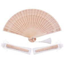 50 Set Sandalwood Fan Wooden Hand Fan Baby Shower Party Favors with Organza B...