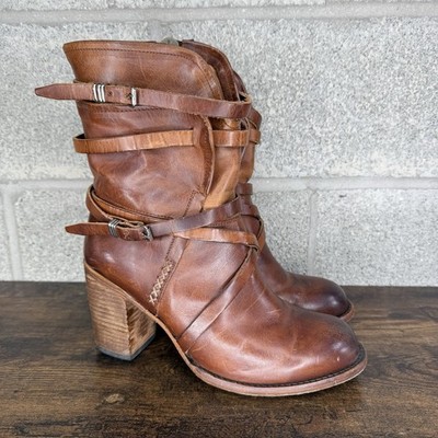 Freebird By Steven Baker Brown Leather Western Boots Straps Buckle Zip Women 11