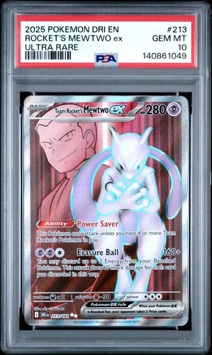 PSA 10 Team Rocket's Mewtwo ex Full Art 213 Destined Rivals Pokemon Card GEM