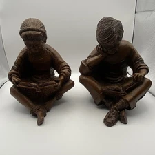 Red Mill mfg. Heavy Bookend Set Crushed Pecan Mold Teenager Girl & Boy Reading