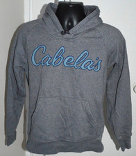 CABELAS WOMENS HOODIE SWEATSHIRT MEDIUM GRAY BLUE SCRIPT STITCHED LETTERING VGC
