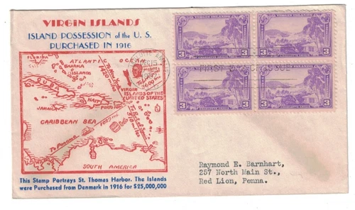 1937 FDC PURCHASE OF VIRGIN ISLANDS FROM DENMARK 1916 BLOCK CACHET