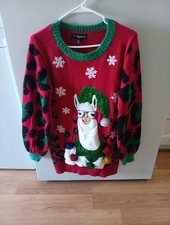 33 Degrees Womens Medium Red Fuzzy llama Christmas Pom Funny Long Sweater
