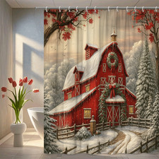 Winter Wonderland Red Barn Shower Curtain - Festive Holiday Decor