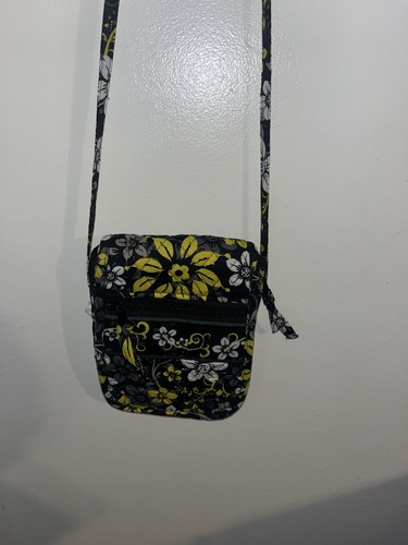 Floral Quilted Crossbody Bag Black Yellow White Zip Zipper Accent - Picture 2 of 4