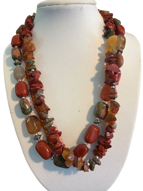 Vtg 3 Strand Necklace Quartz Jasper Beads Silver Tone Cold 17" Estate  95.18g