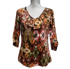 I.N. Studio Petite Shirt PM Ruffle Geometric Aztec Boho Sheer Watercolor IN