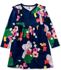 TEA COLLECTION Ruffled Gather-Skirt Henley Dress - Navy - NWT Girls 12