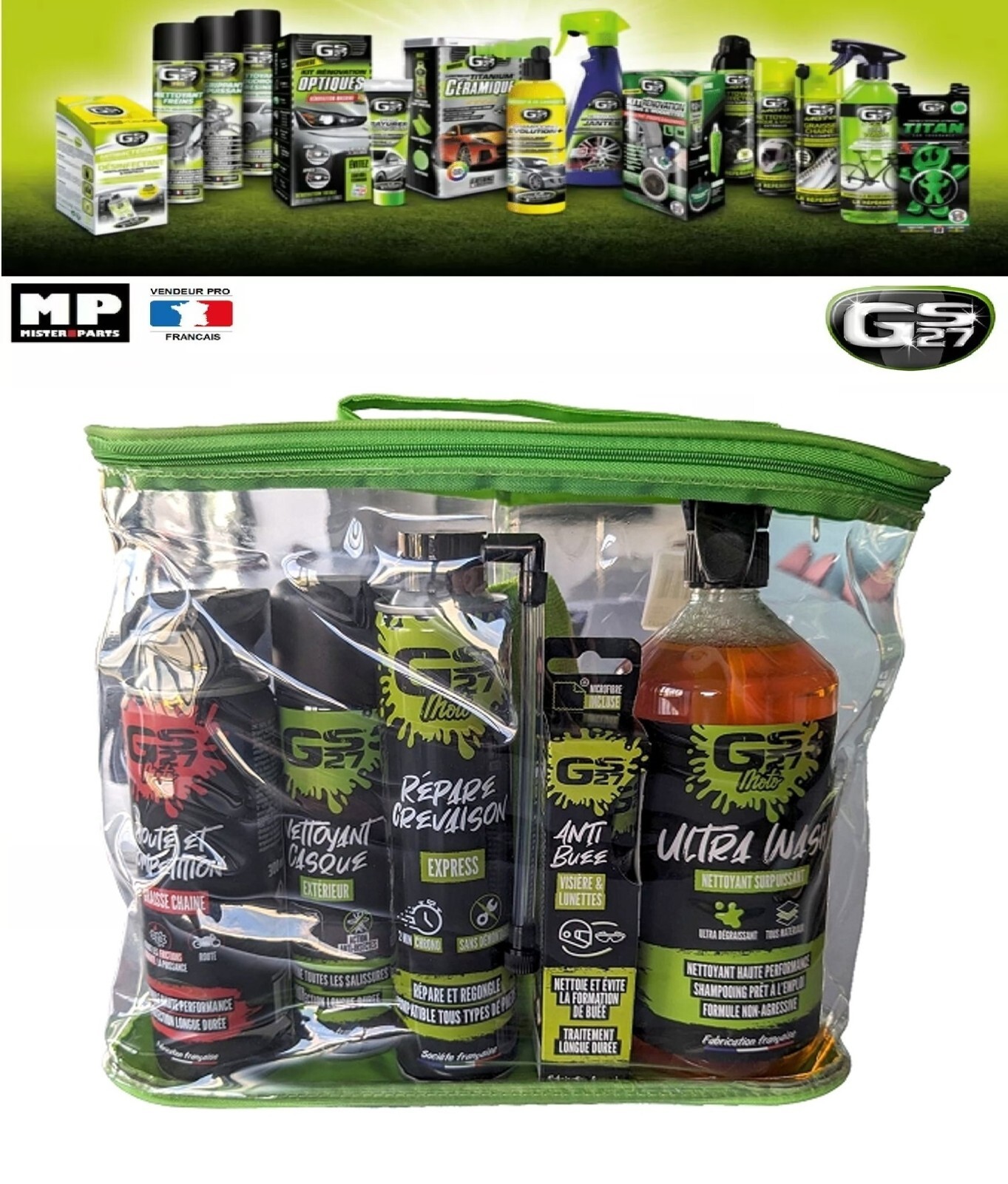 Kit entretien moto et scooter GS27 avec nettoyant et lubrifiant complet