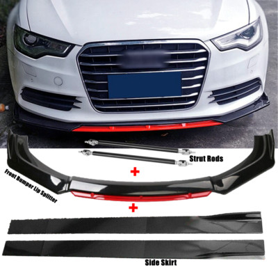 Front Bumper Lip Splitter + Side Skirt + Strut Rods For Audi A6 C7 Sedan 2012-16