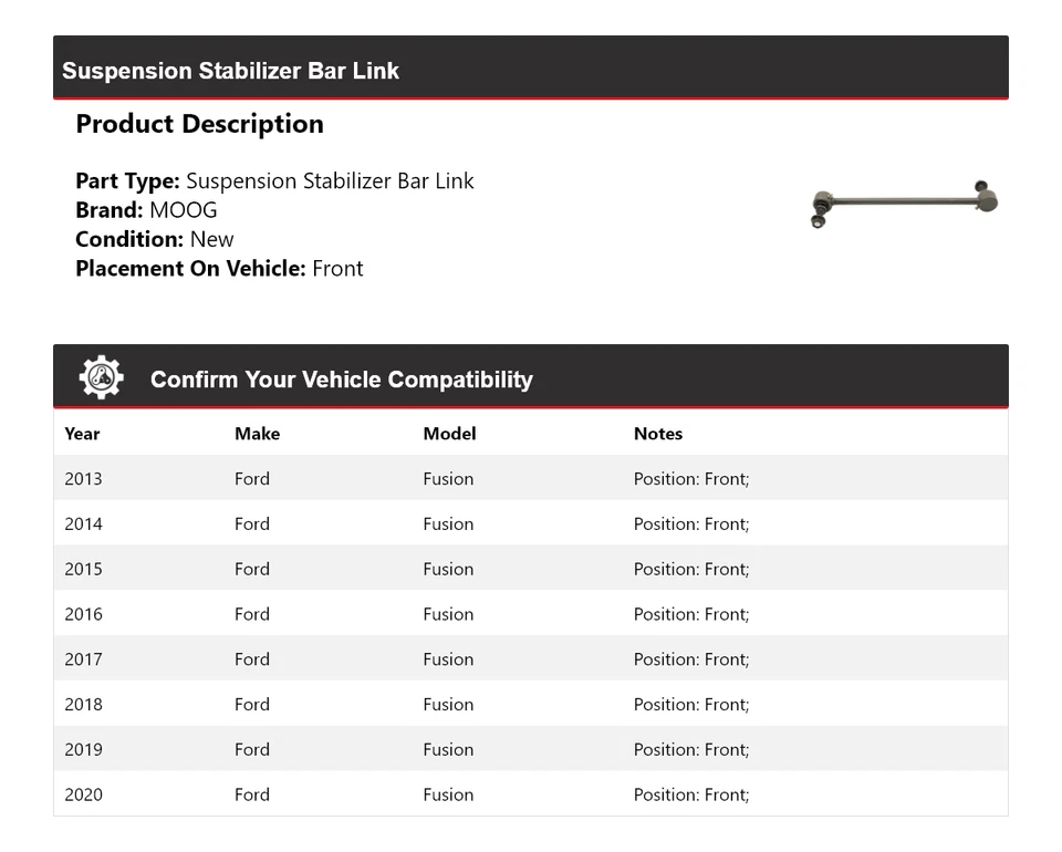 For 2013-2020 Ford Fusion Suspension Stabilizer Bar Link Front MOOG 2013 2014 - Image 2 of 4