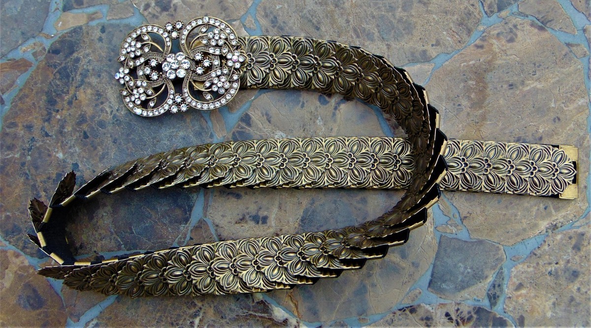 Kelli Kouri Goldtone metal Plate Stretch Belt - Crystal Flower Rhinestone Buckle Stretch Skinny Belts for Women for sale | eBay main image 4