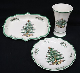 LOT OF 3 SPODE CHRISTMAS TREE 9" Ogee & 7" Round Fluted Candy Dish 5.5" Vase