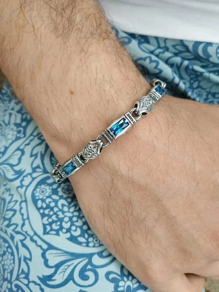Juego de puntas 7,04 CT topacio azul puro plata argentino 935 hecho a mano pulsera para hombre Foto 3 de 4