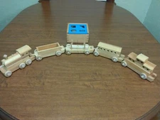 Vintage Handcrafted Wooden Toy Train Set & Shapes Box Unbranded
