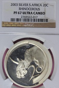 2003 NGC PF67 ULTRA CAMEO SILVER S. AFRICA 20C RHINOCEROUS #B47989