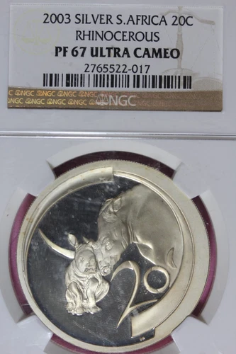 2003 NGC PF67 ULTRA CAMEO SILVER S. AFRICA 20C RHINOCEROUS #B47989