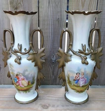 15" Antique 19c Old Paris Porcelain Vases Hand Painted Dual Leaf Handles Ewers