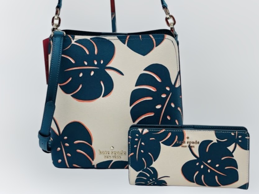 NEW Kate Spade 2pc SET Small Bucket bag & Bifold Wallet Monstera green Leaves thumbnail 3