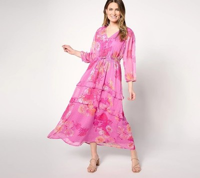 Destination 365 Petite Floral Clip Dot Chiffon Maxi Dress Size XLP Pink Sherbet