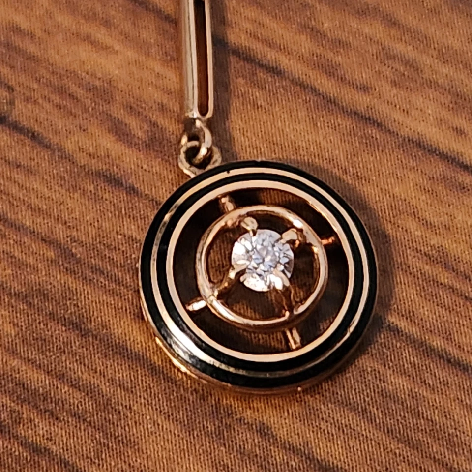 Vintage 10k Yellow Gold with Black Enamel and Diamond Lavalier Pendant - Image 4 of 4