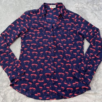 Express Blouse Small Navy Pink Flamingo Georgette Button Up Convertible Sleeve
