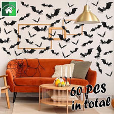 60PCS Halloween Bats Wall Decor Spooky 3D Bat Stickers Waterproof In/Out Party