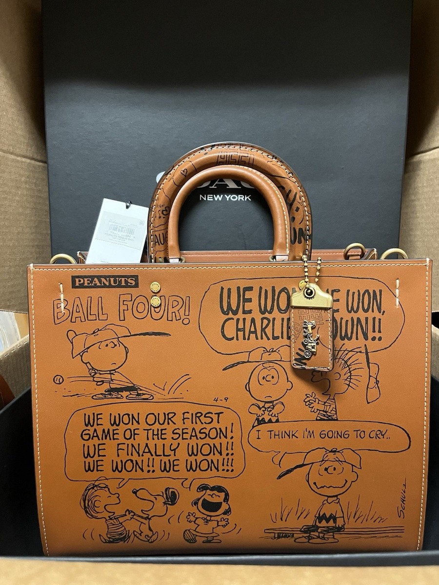 Coach X Peanuts Rogue Leather Bag Newspaper Print Comic Hazelnut
