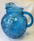 Anchor Hocking Ball Pitcher Lido Milano Teal Blue Crinkle Glass MCM VTG Glows