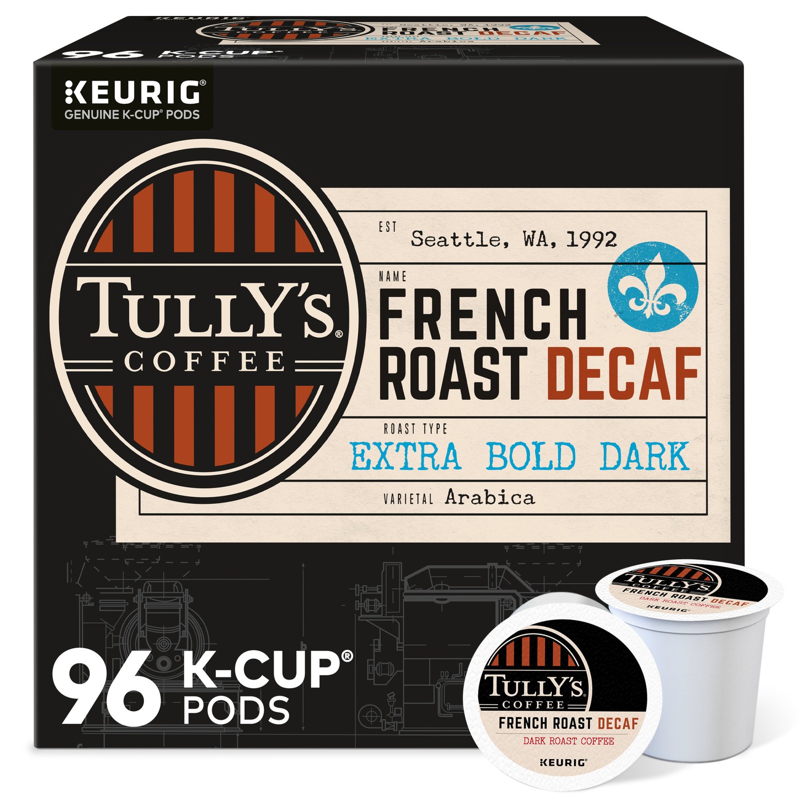 Tully's Coffee French Roast Decaf, Keurig K-Cup Pod, Dark Roast, 96 Count