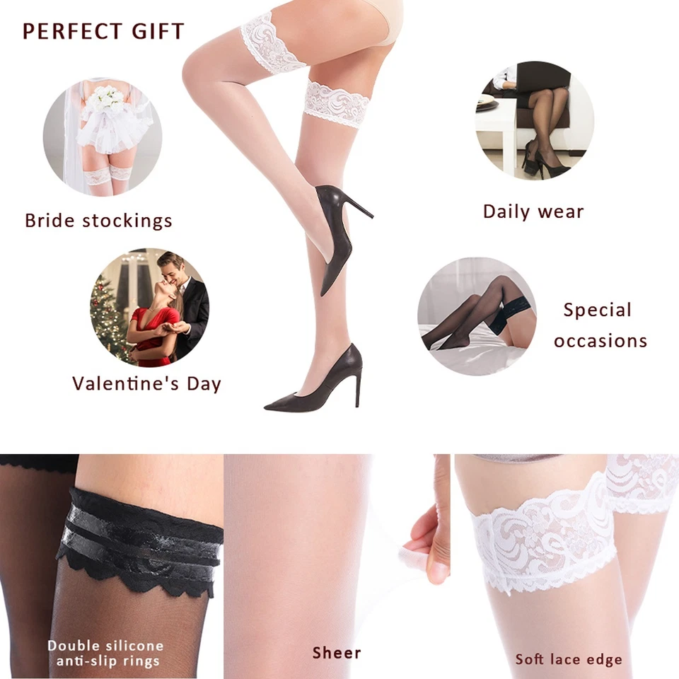 Lady's Lace Top Stockings Thigh-High Sheer Pantyhose Stockings For Women Lot - Image 3 of 4