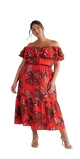 Sofía Jeans By Sofia Vergara Red Monstera Off The Shoulder Dress Womens Size XXL