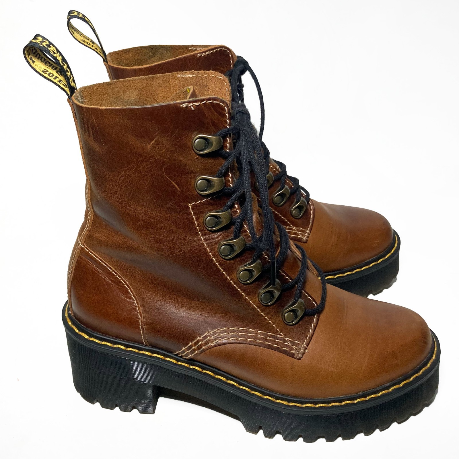 Doc Martens Leona Platform Boots Butterscotch Brown Leather US 6 EU 37 Lace Up thumbnail 5