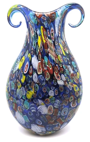 Vintage Cristaliera Murano D'Arte Millefiori Colorful Blue Vase Art Glass 13”