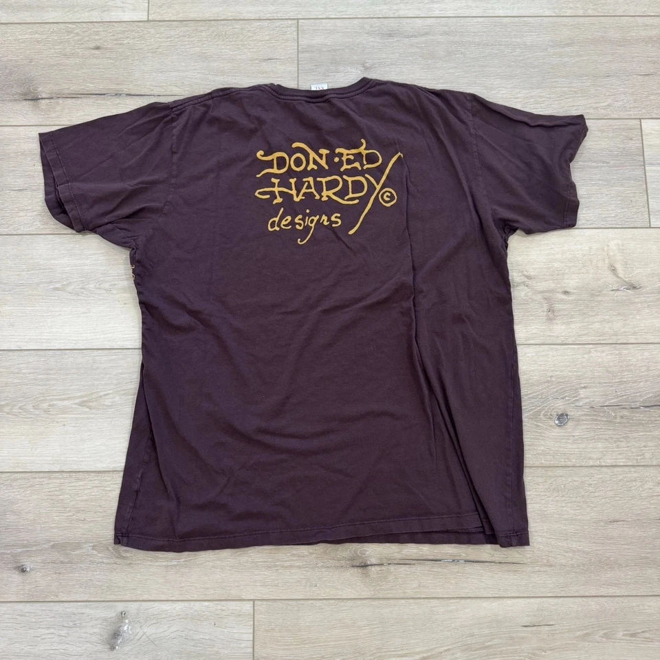 Ed Hardy 骷髅衬衫男式 XXL 棕色双面 Y2K Christian Audigier 美国 — 第 4/4 张图片